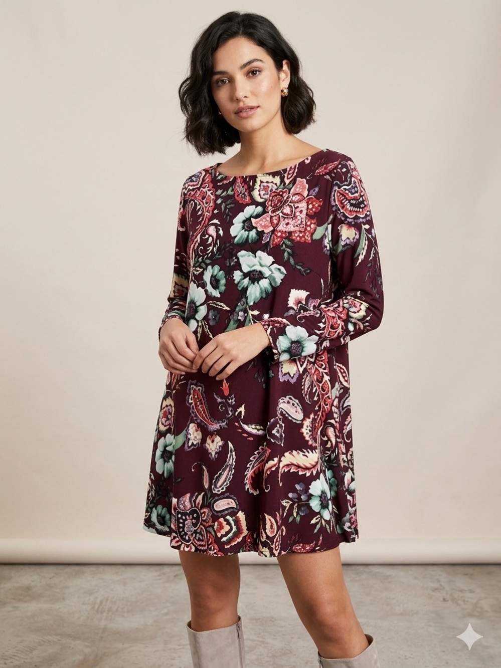 Chico's Maroon Paisley Floral Tunic Dress Size 2 / Large Boho Stretch LongSleeve